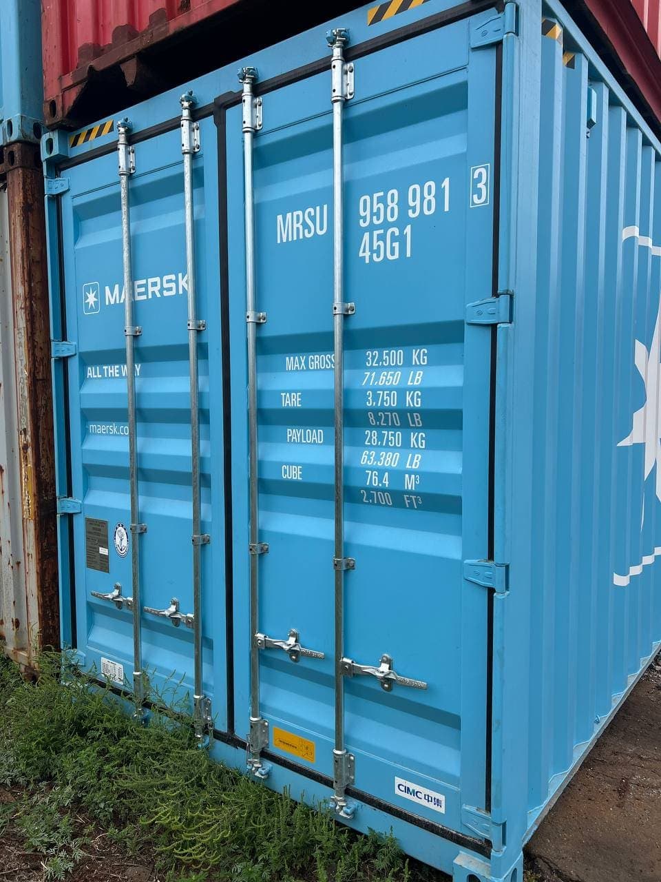40ft High Cube, вживаний — Двері вживаного High Cube з таблицею ваги й обʼєму